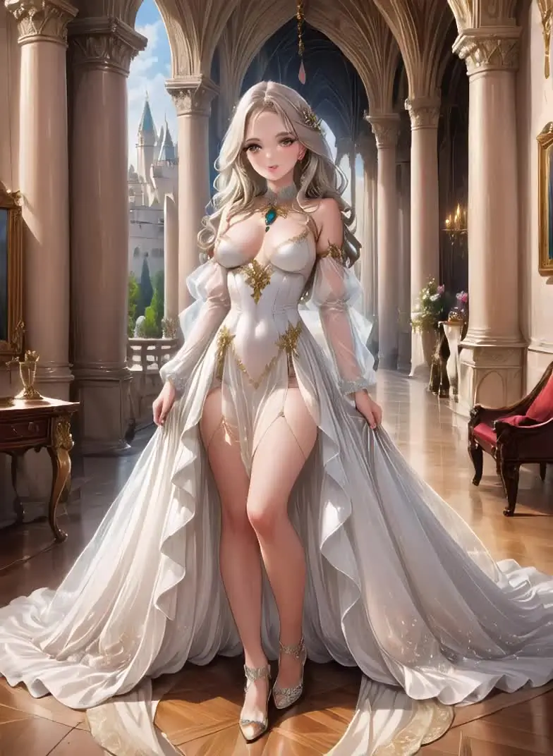 Ilustración anime de una mujer adulta con un vestido blanco en un salón con arcos