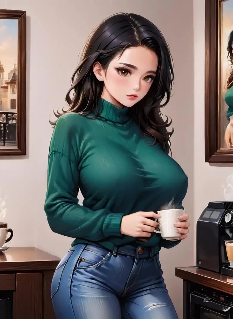 Ilustración anime de una mujer adulta con una taza en una oficina