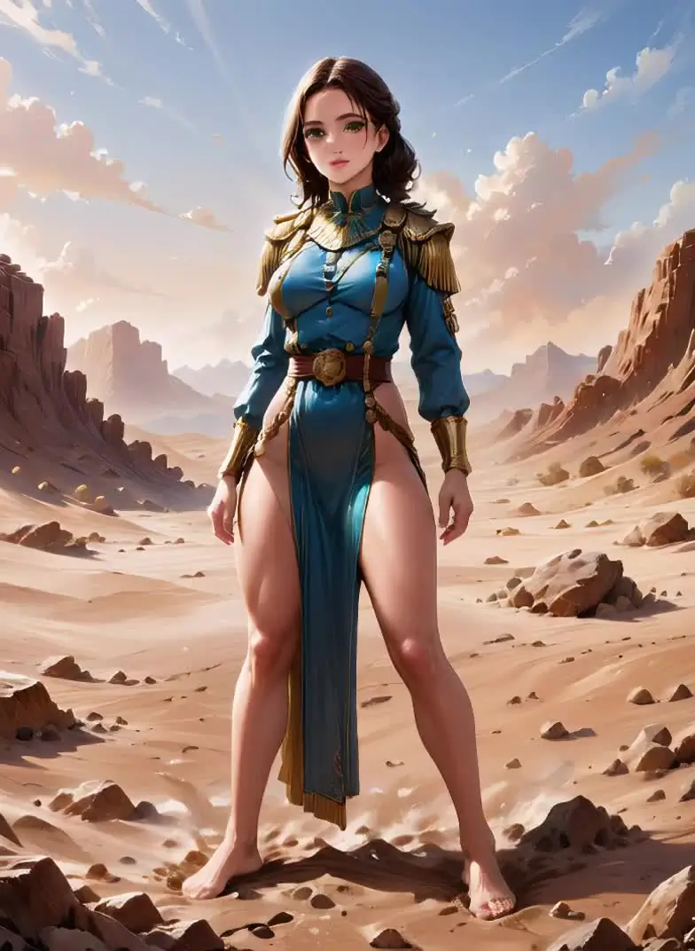Anime illustration of an adult woman in a blue fantasy costume in a desert landscape