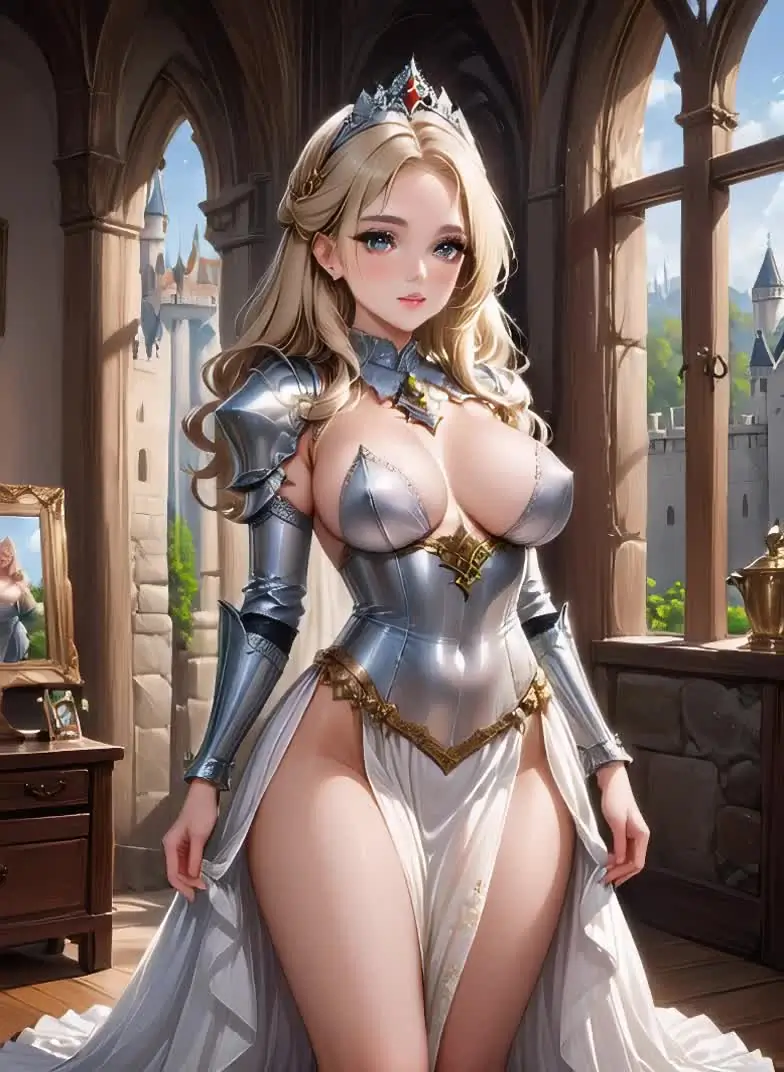 Ilustración anime de una mujer adulta con una corona y un vestido de fantasía en un castillo