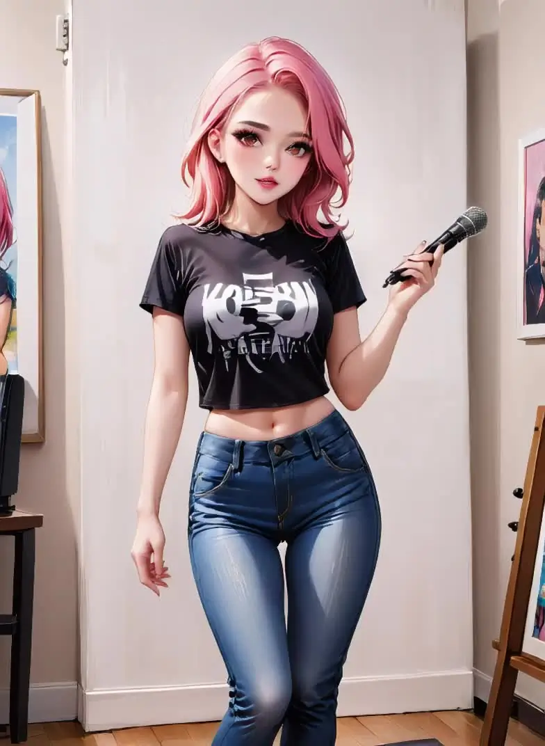 Ilustración anime de una mujer adulta de cabello rosa con un micrófono