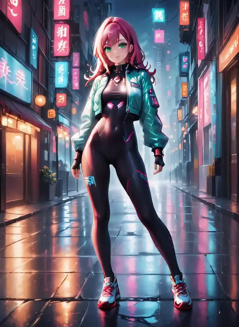 Ilustración anime de una mujer adulta con un traje futurista en una calle iluminada con neón