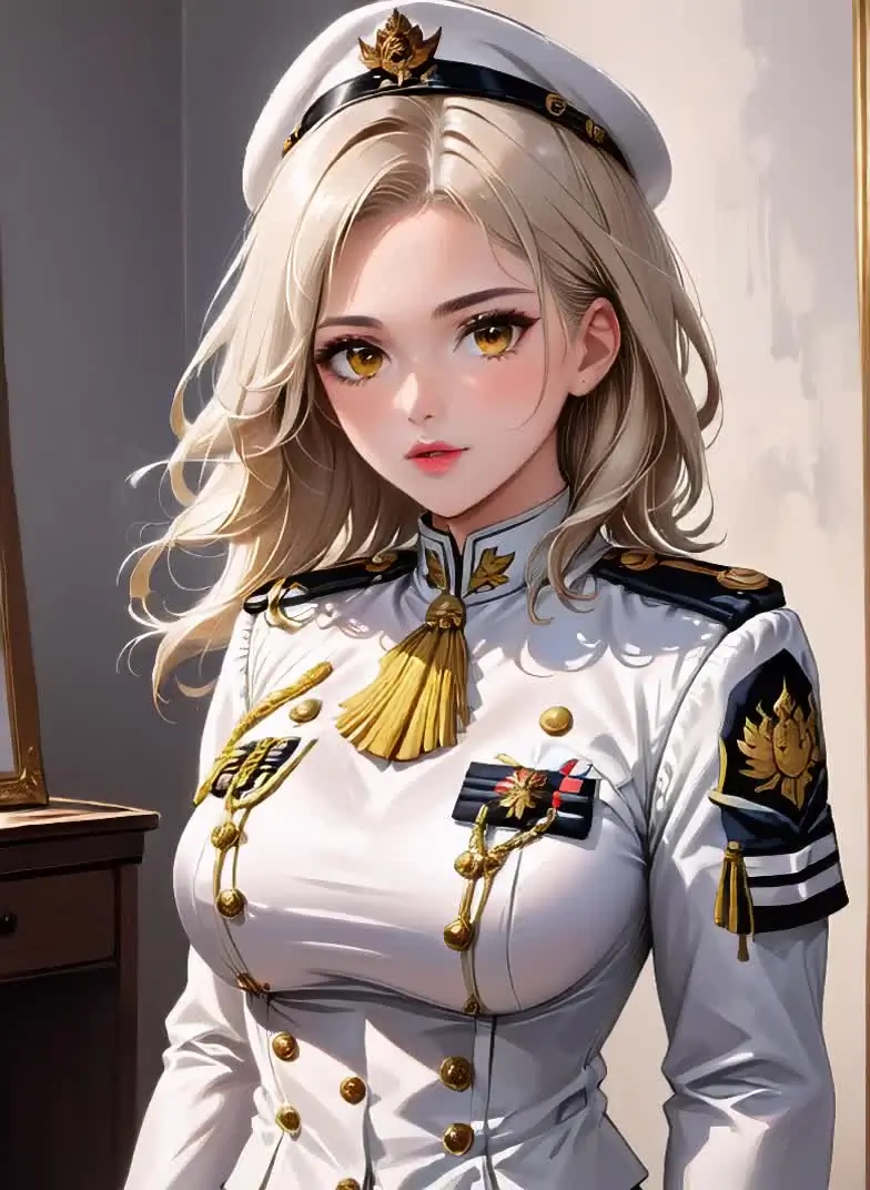 Ilustración anime de una mujer adulta con un uniforme naval blanco