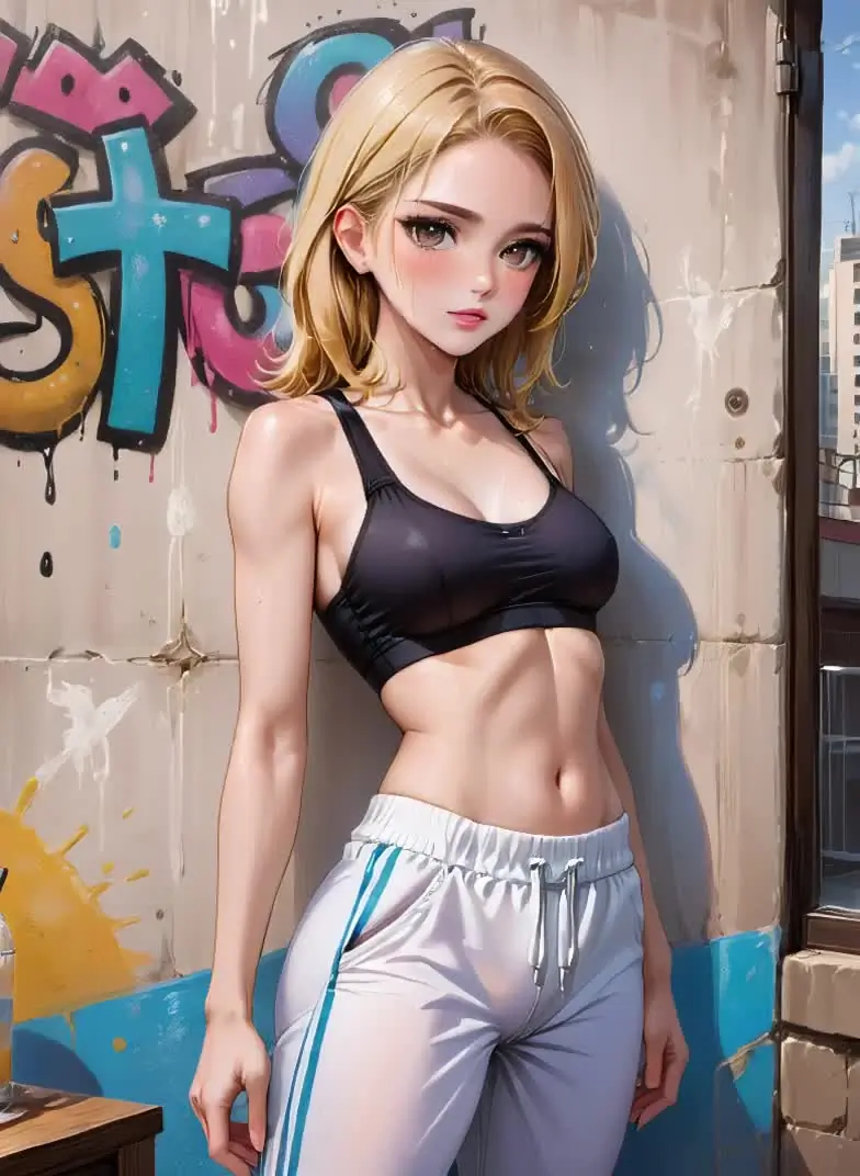 Anime illustration of an adult woman in sportswear beside a graffiti-covered wall