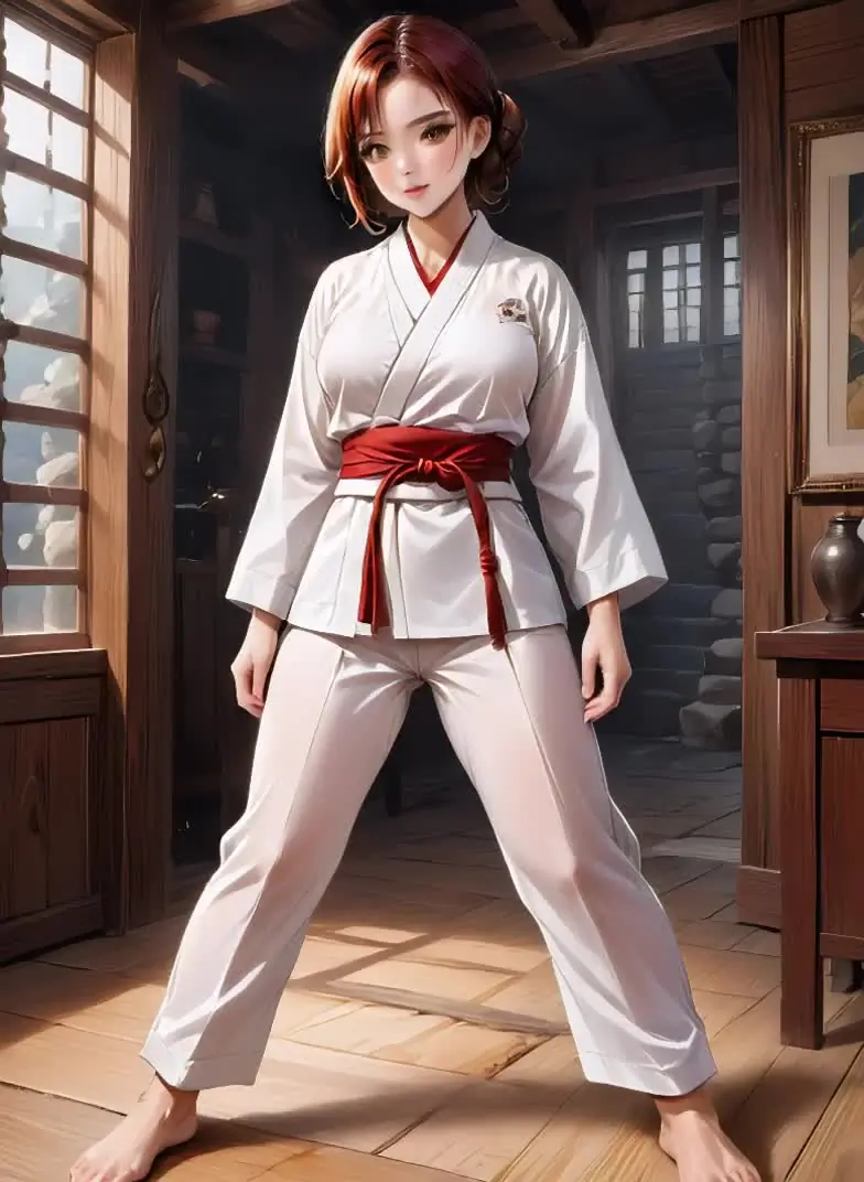 Ilustración anime de una mujer adulta con un uniforme de artes marciales en un dojo