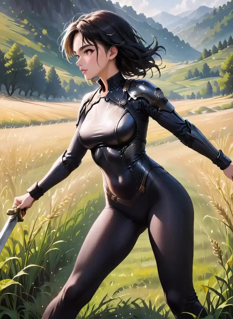 Ilustración anime de una mujer adulta con un traje de fantasía negro en un campo
