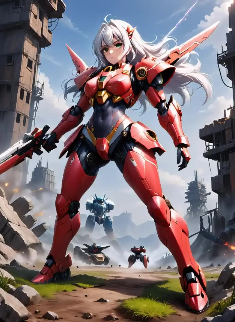 Ilustración anime de una mujer adulta con una armadura robótica roja