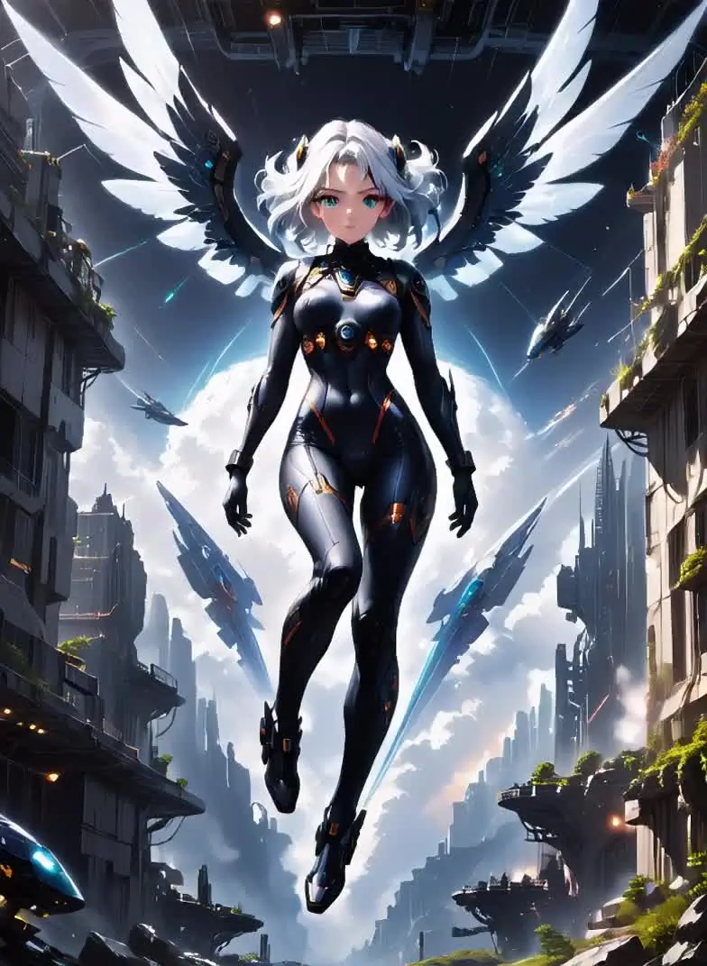 Ilustración anime de una mujer adulta con alas mecánicas en una ciudad futurista