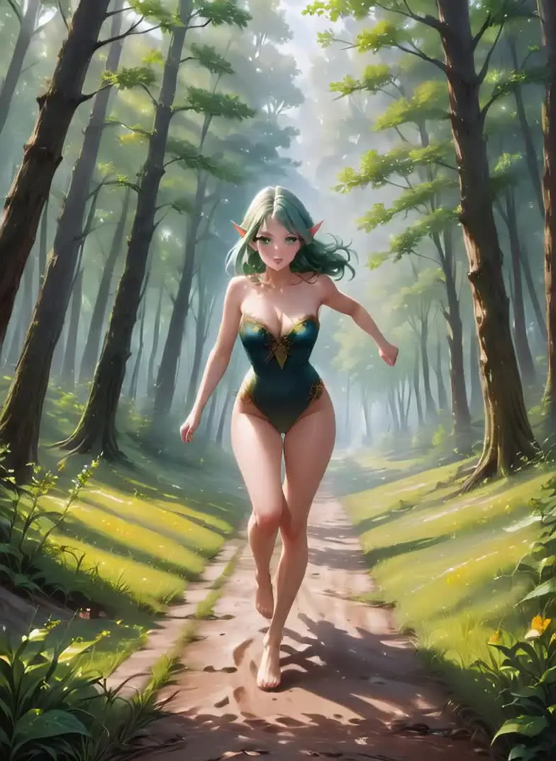 Ilustración anime de una mujer adulta de fantasía con cabello verde en un bosque