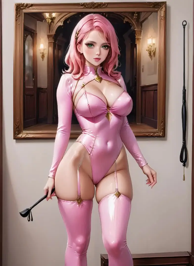 Ilustración anime de una mujer adulta de cabello rosa con un traje rosa en un interior