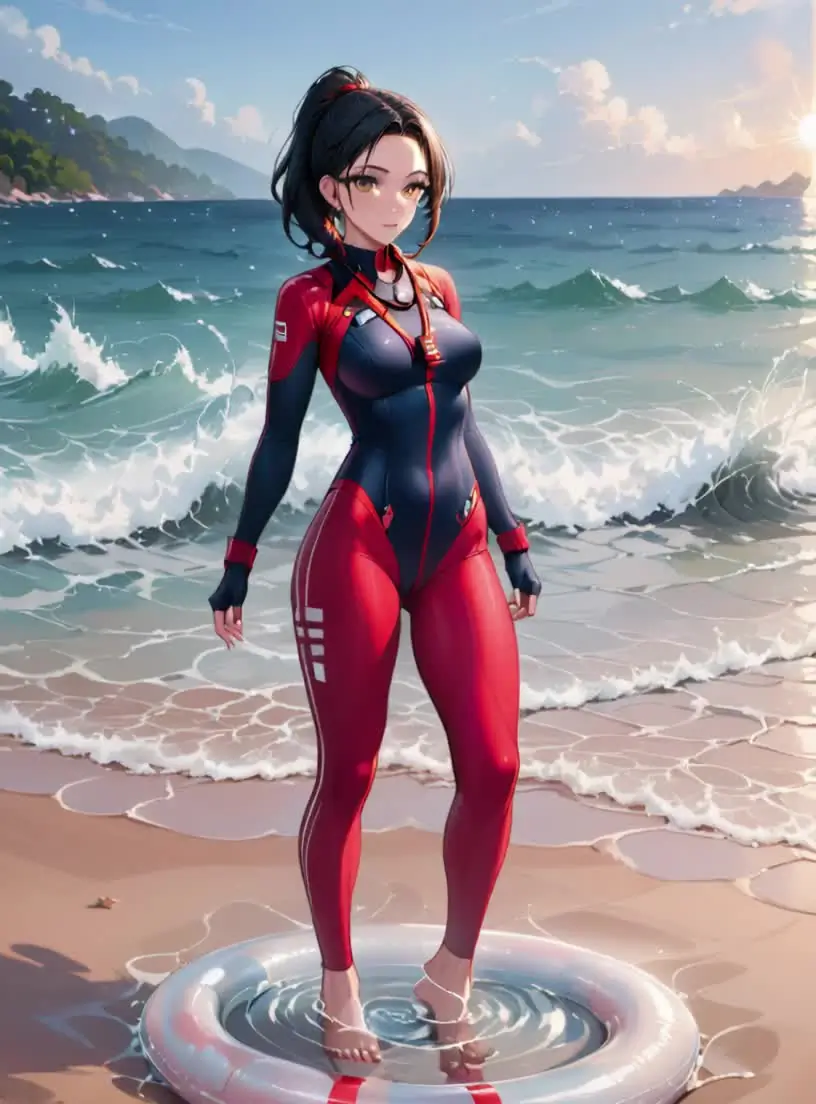 Ilustración anime de una mujer adulta con un traje de buceo rojo en la orilla del mar