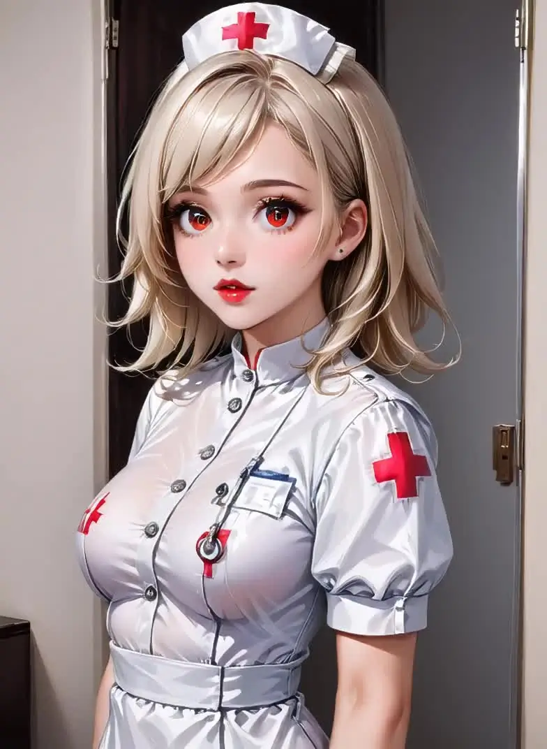 Ilustración anime de una mujer adulta con un uniforme de enfermería blanco