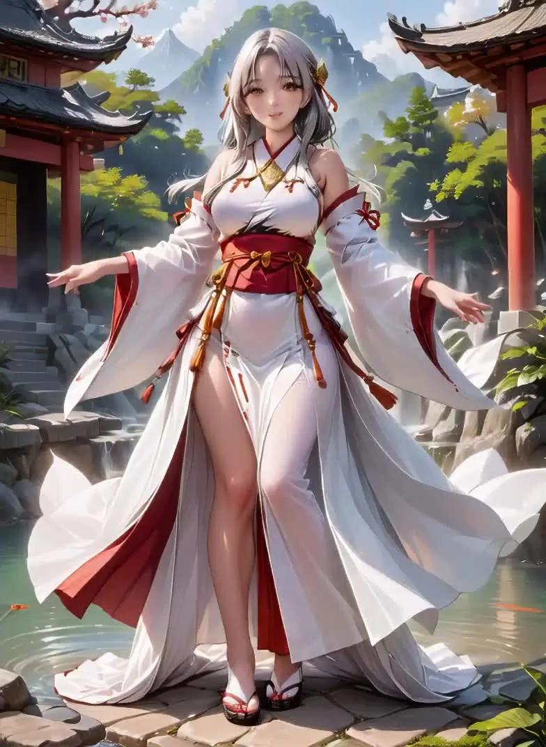 Ilustración anime de una mujer adulta con vestimenta blanca y roja en un templo japonés