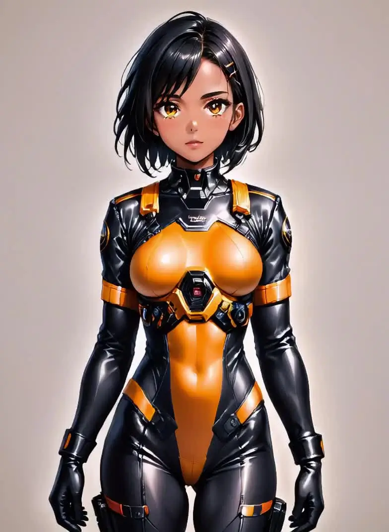 Ilustración anime de una mujer adulta con un traje de ciencia ficción naranja y negro