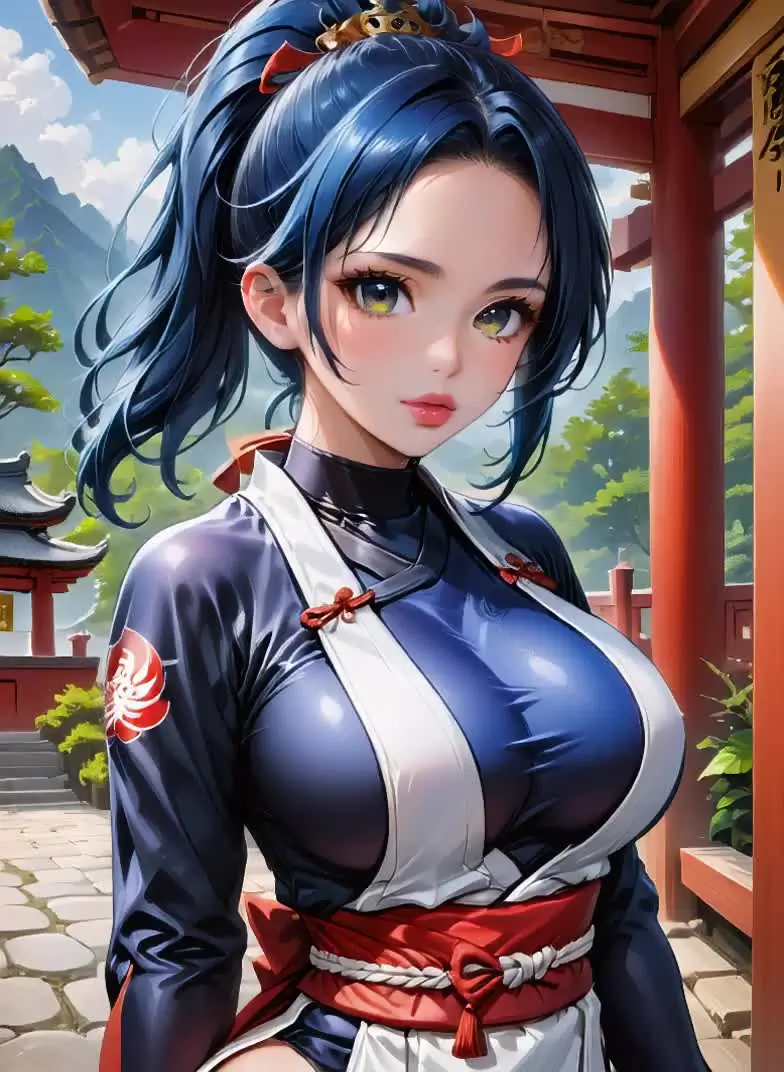 Ilustración anime de una mujer adulta con un kimono azul junto a un templo
