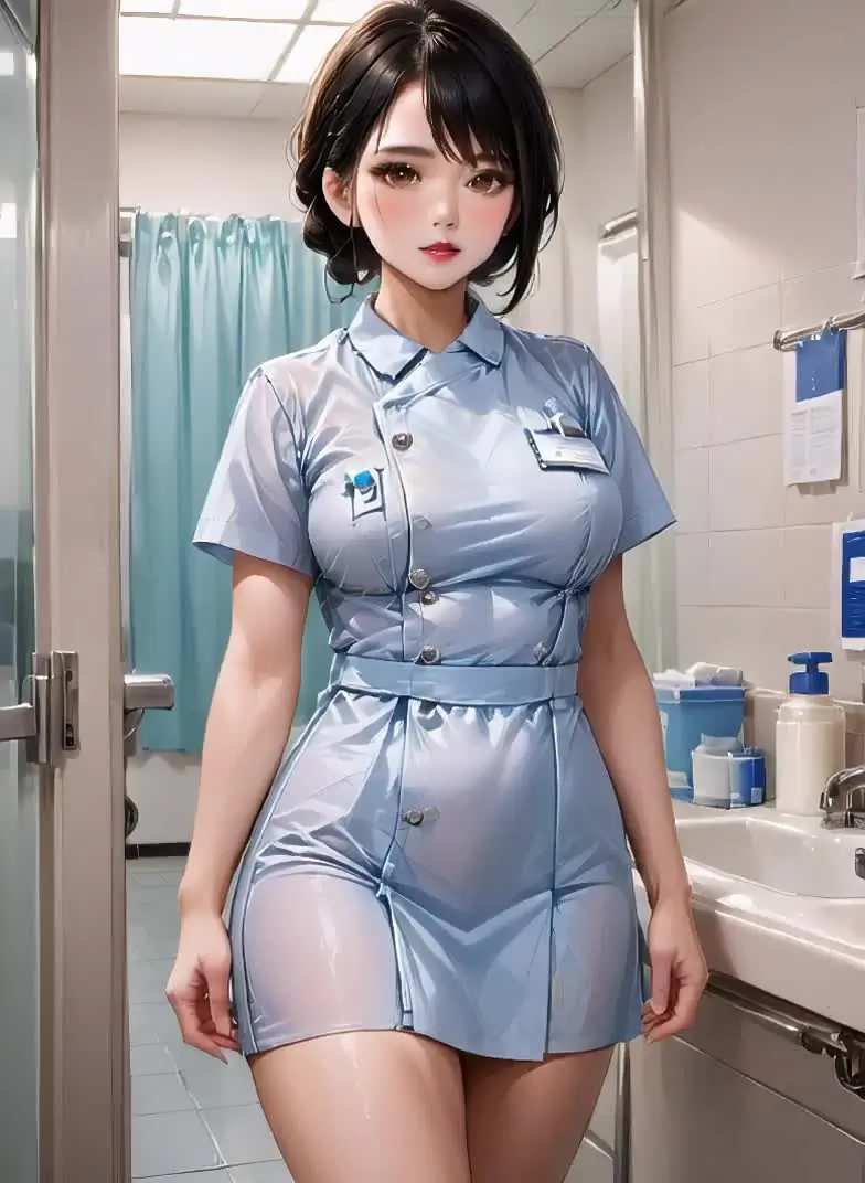 Ilustración anime de una mujer adulta con un uniforme médico azul en una clínica