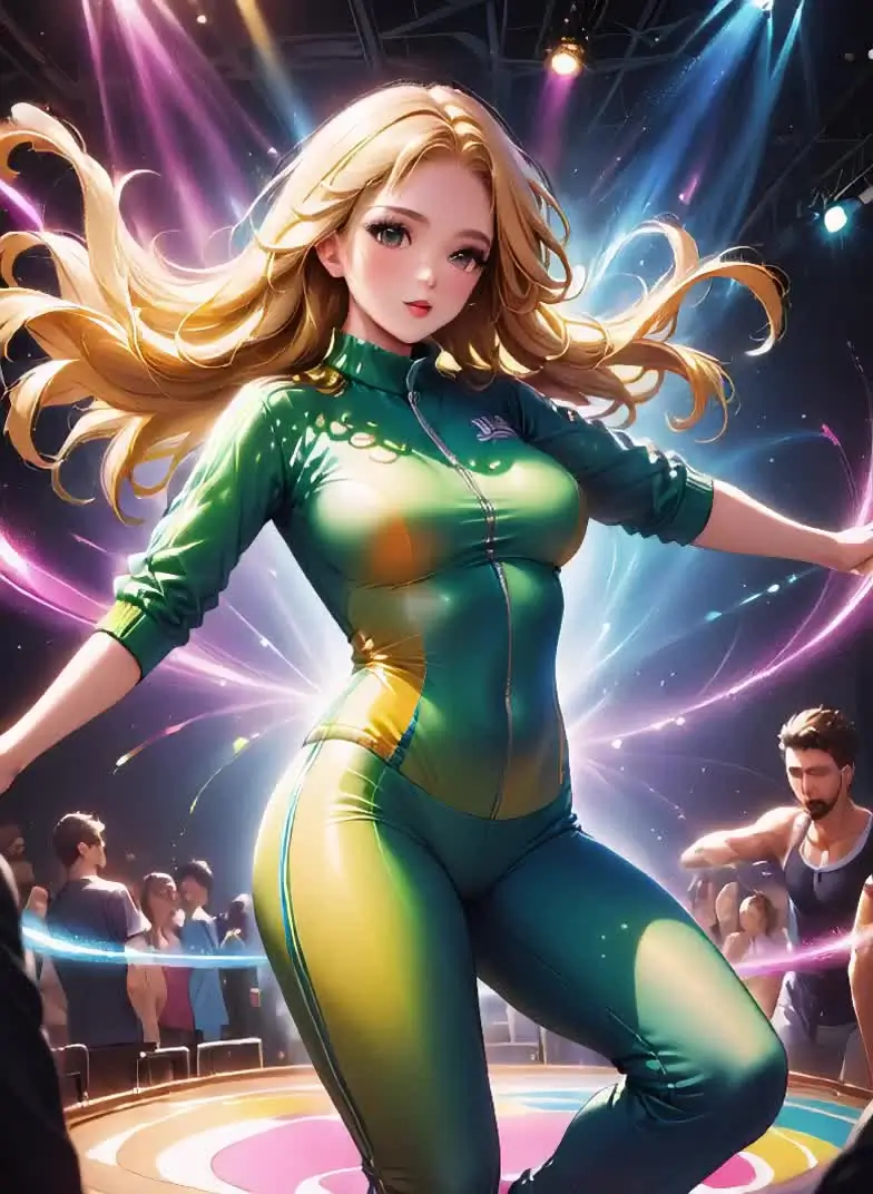 Anime illustration of an adult woman in a green performance outfit at a circus