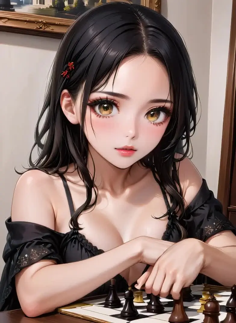 Ilustración anime de una mujer adulta de cabello negro junto a un tablero de ajedrez