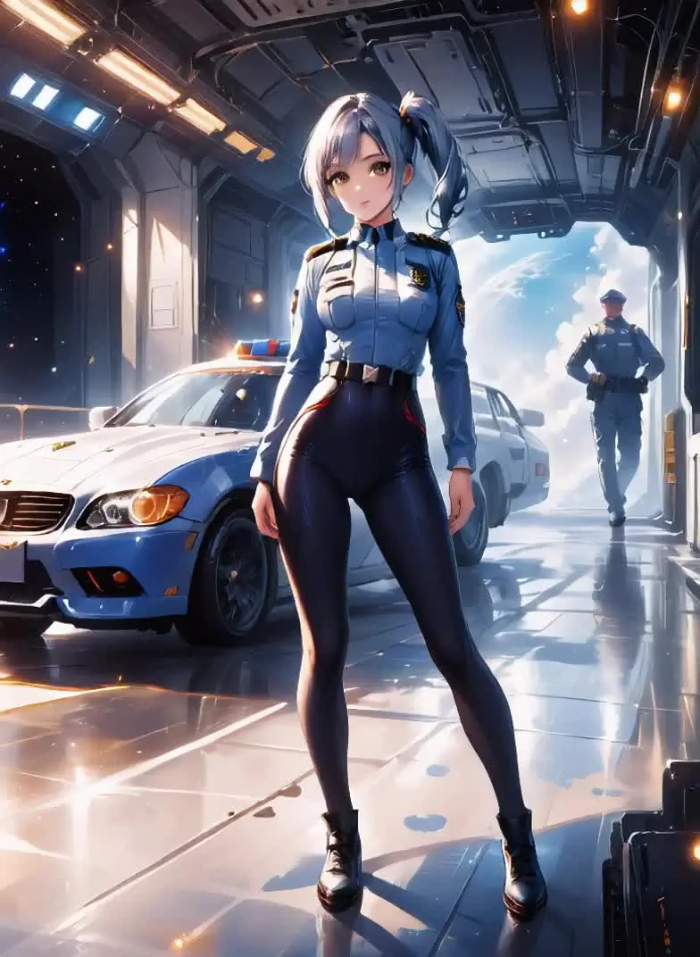 Ilustración anime de una mujer adulta con un traje de trabajo azul en un taller automotriz