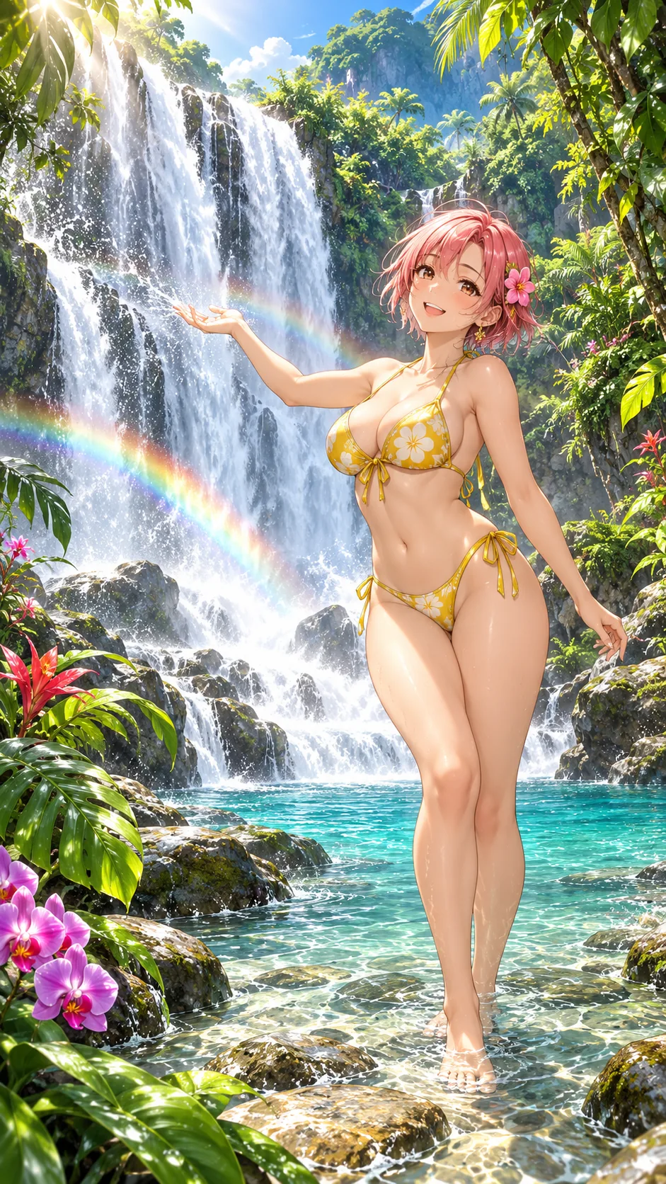 Ilustración anime de una mujer adulta junto a una cascada tropical con un arcoíris